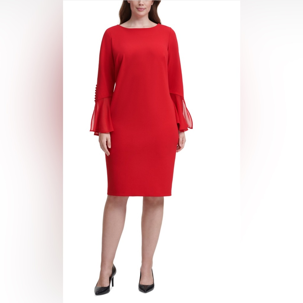 CALVIN KLEIN RED MIDI Dress Size 6 Chiffon Bell Sleeves Long Sleeves